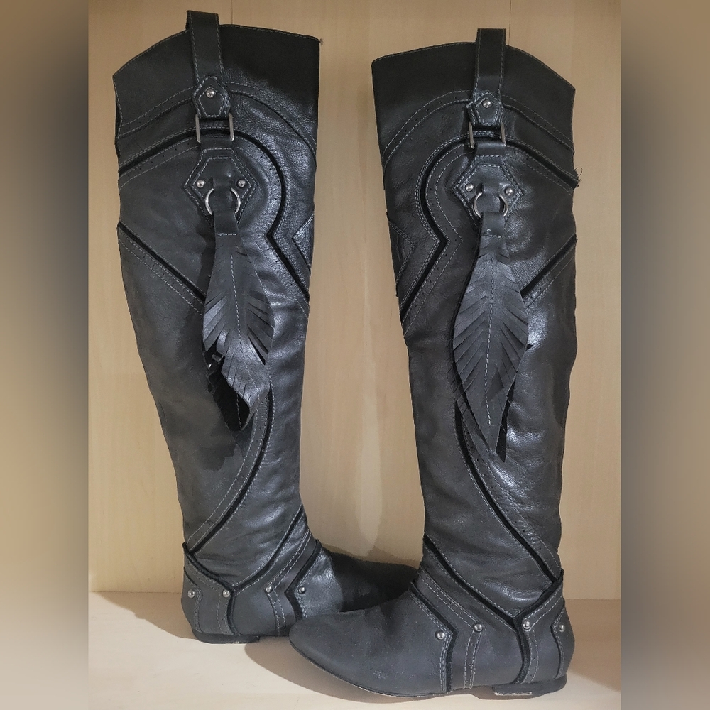 Elegant Black Over the Knee Boots with Feather Detail